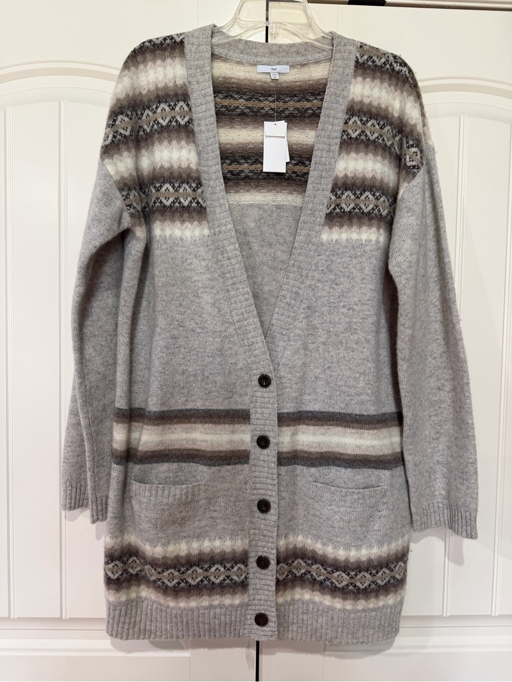 GAP Gray Cream Brown Patterned Long Button-Front Women's Cardigan